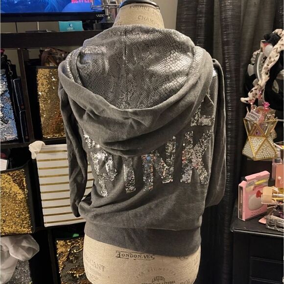 Vintage s silver grey snakeskin blinb sequin hooded full zip jacket/sweatshirt - Picture 2 of 7